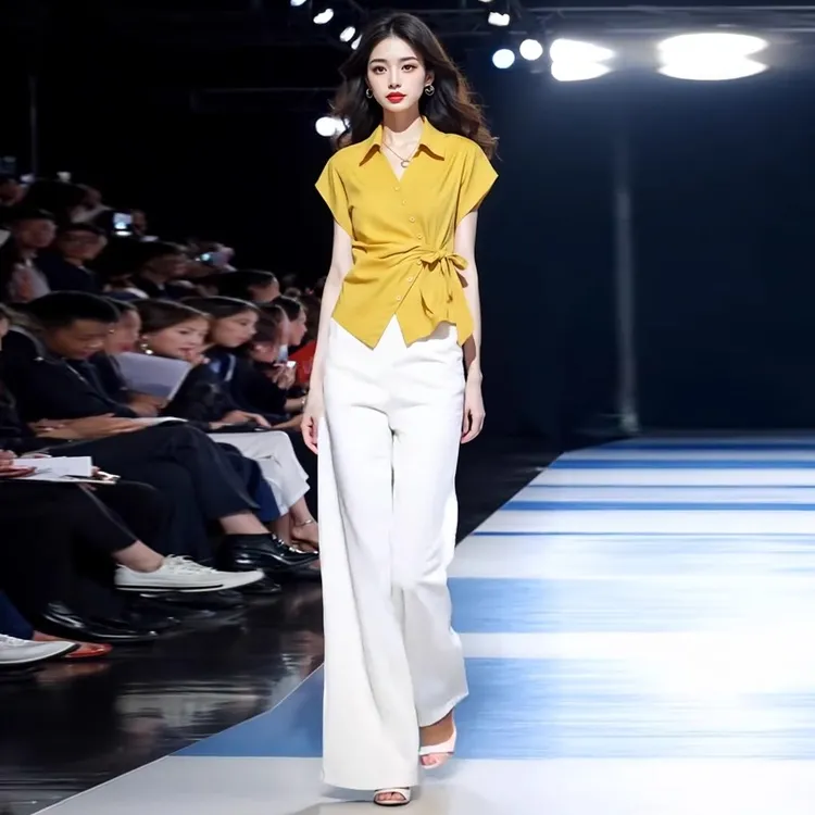 拉夏贝尔时尚套装女夏季新款时髦洋气不规则系带上衣阔腿裤两件套