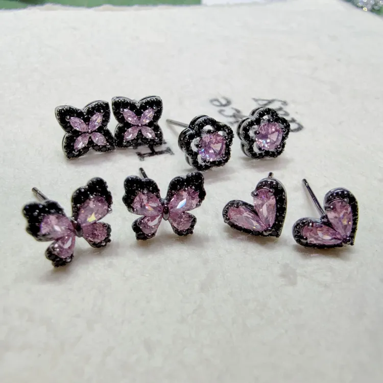铜合金锆石耳饰 甜酷风黑粉系列小耳钉精致百搭时尚简约彩色小众