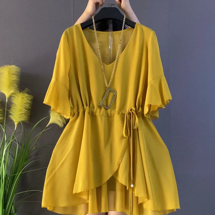 常规V领系带简约通勤宽松型T恤露肩韩版套装显瘦不规则抽绳连衣裙