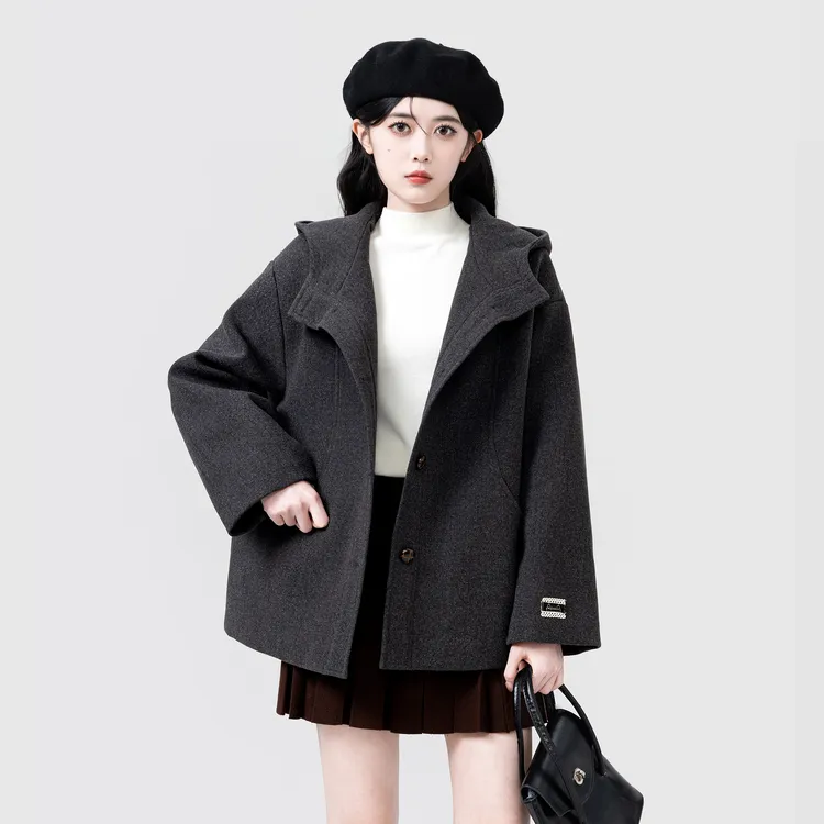 深灰色连帽毛呢外套女冬季2025新款复古宽松加厚夹棉呢子大衣上衣