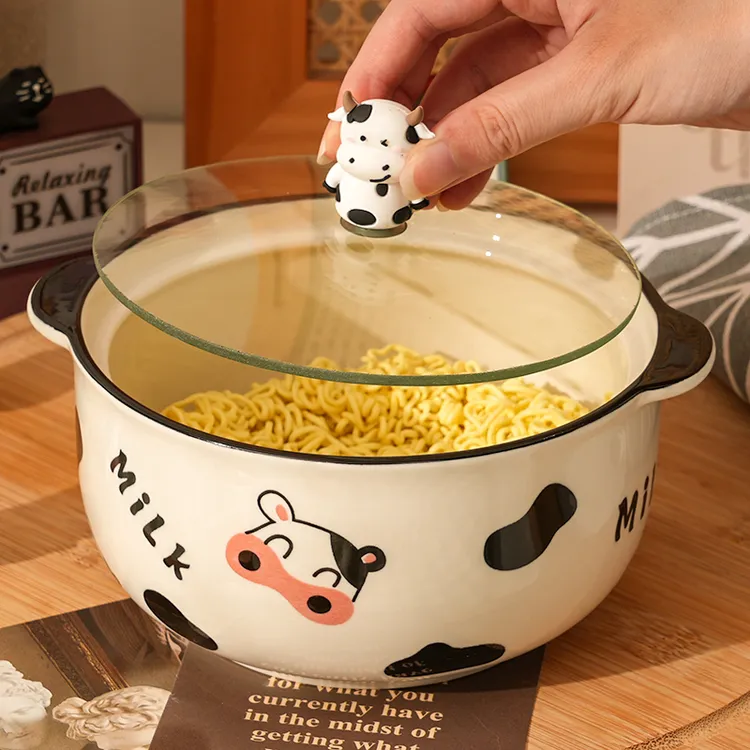【带盖泡面碗】奶牛陶瓷泡面碗带餐具学生宿舍耐高温防烫双耳