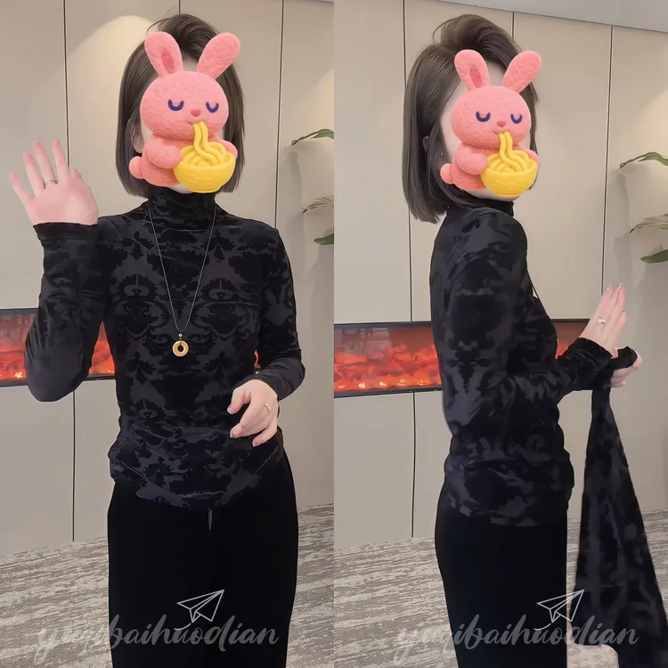 新中式爆款时尚t恤女2025早春复古提花设计修身洋气高领长袖小衫