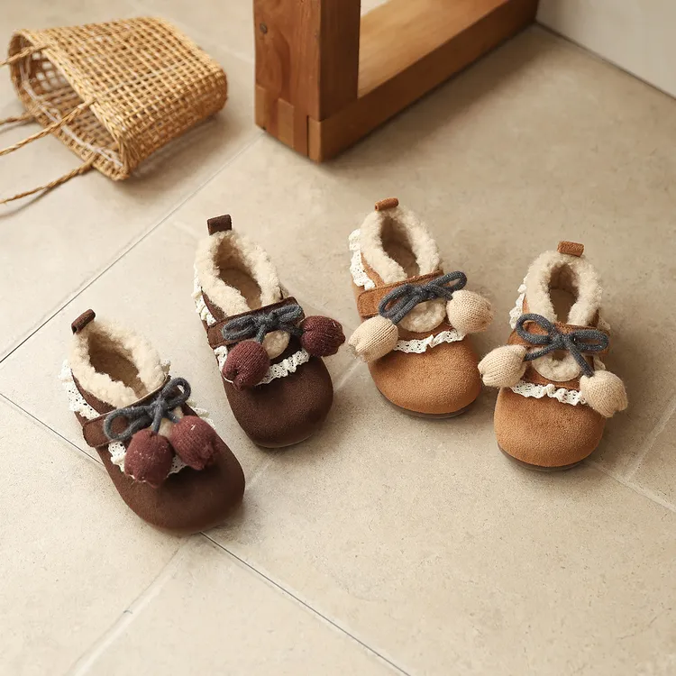 韩版女童加绒毛毛鞋2025冬季新款女宝百搭加绒棉鞋女孩软底豆豆鞋