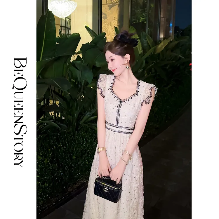 余潇潇【香草森林】重工立体波点网纱钻石领飞袖上衣&连衣裙