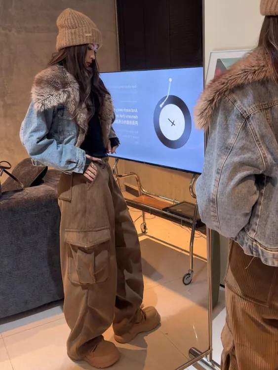 2025秋冬新款美式复古加绒牛仔外套搭配黑色打底灯芯绒休闲裤套装