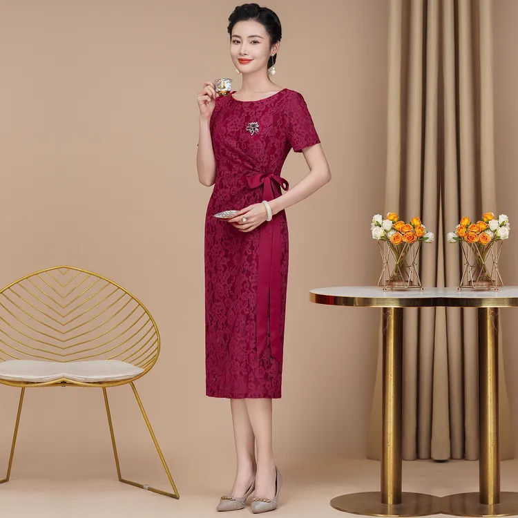 春夏蕾丝新中式改良大码气质喜婆婆婚礼旗袍中国风优雅喜妈妈礼服