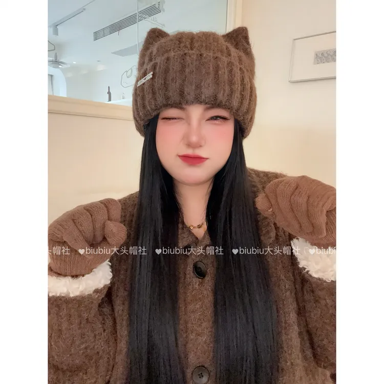 【55cm-65cm】韩国定制大头围“铁标小猫耳朵”针织帽 显脸小针织帽