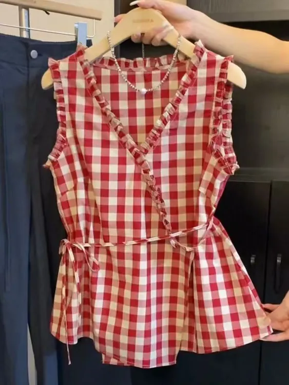 法式复古红色格子无袖背心女夏季收腰木耳边小众系带别致无袖上衣
