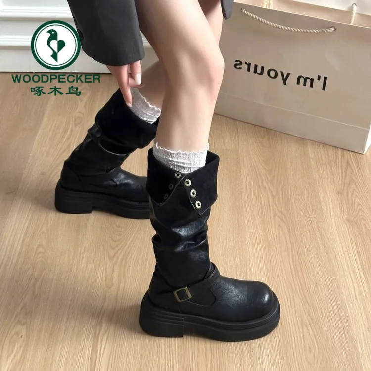 啄木鸟美拉德长筒靴女2025夏新款粗腿增高骑士靴小个子堆堆高筒靴