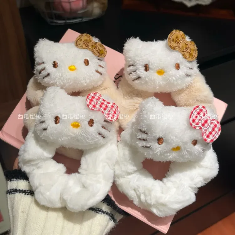 可爱粉格子豹纹领结猫咪头绳发圈软妹毛茸茸卡通发绳秋冬百搭