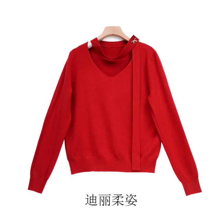 飘带系颈针织衫金属扣镂空V领毛衣【0603】