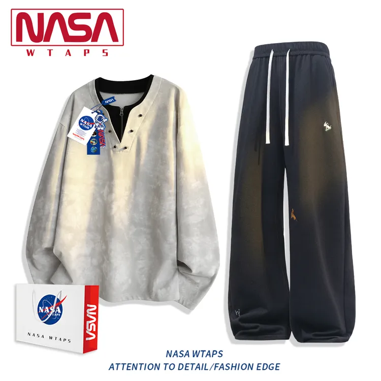 NASA WTAPS老钱风休闲运动套装男秋季潮宽松半拉链卫衣卫裤两件套