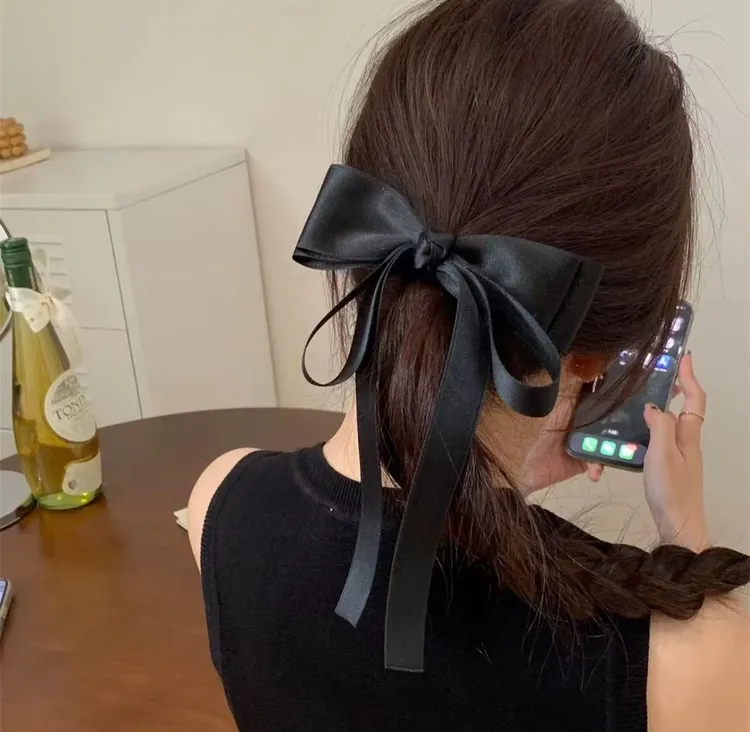 【阿敲】A2110~高级感立体黑色蝴蝶结飘带发夹女弹簧夹-麦穗头饰
