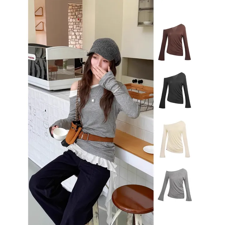 MAKE IF设计师品牌不对称斜肩纯色长袖弯T恤 DSC买手店 CY5M33004