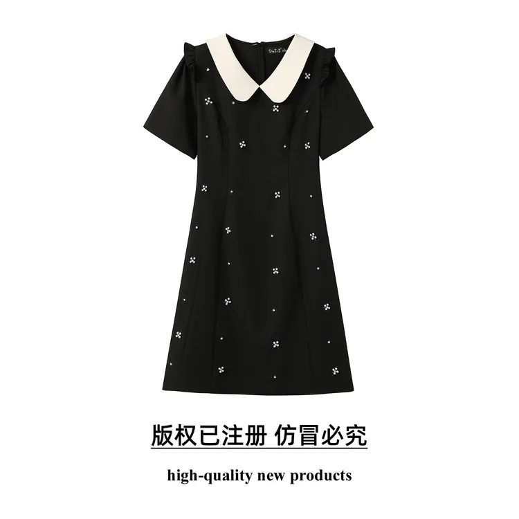 奢姿大码女装2025夏季减龄钉珠木耳边裙子胖妹妹时尚娃娃领连衣裙
