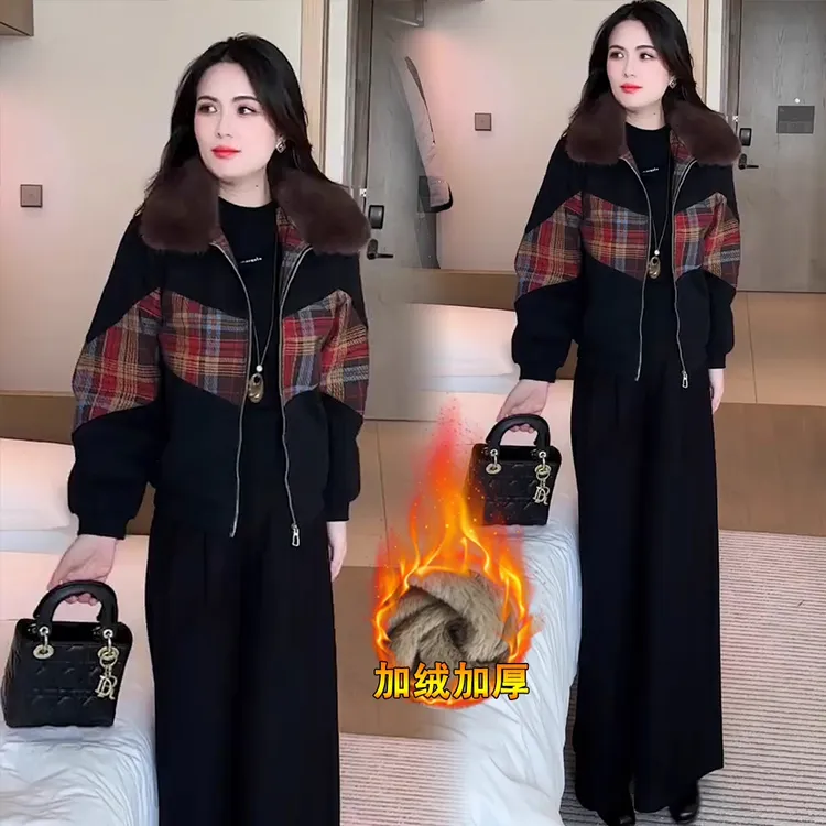 时尚加绒加厚格纹拼接外套女2025冬季新款洋气显瘦休闲百搭减龄潮