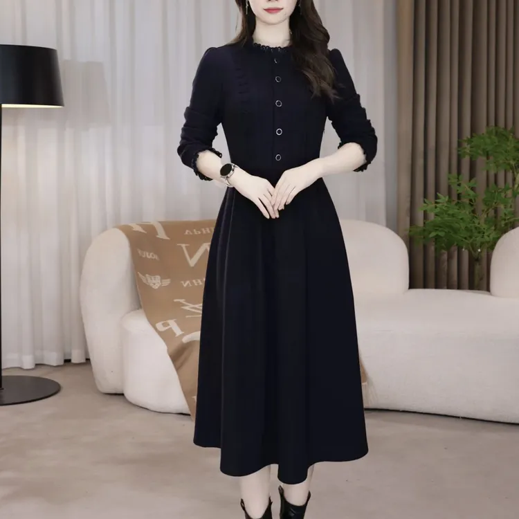 【连衣裙】显瘦气质长袖高贵时尚藏蓝色法式修身显瘦气质长袖连衣裙