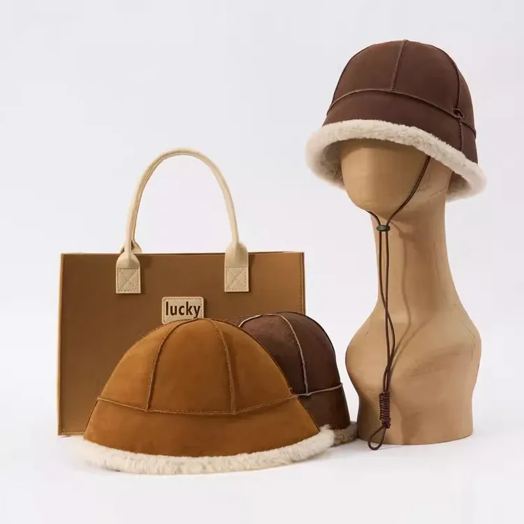 复古时尚显脸小皮毛一体渔夫盆帽女士秋冬季保暖真羊皮北方户外帽