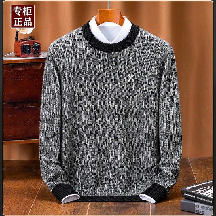 轻奢大牌男装秋季纯绵羊毛男士刺绣毛衣中青年时尚休闲保暖针织衫