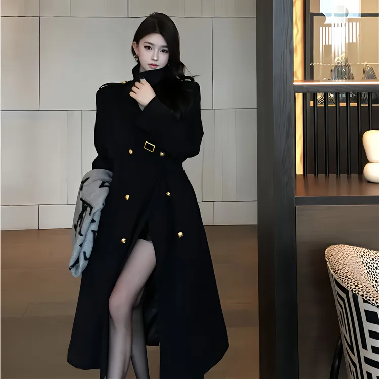 黑色赫本风风衣外套女2025新款韩版长款双排扣收腰大衣外套春秋季