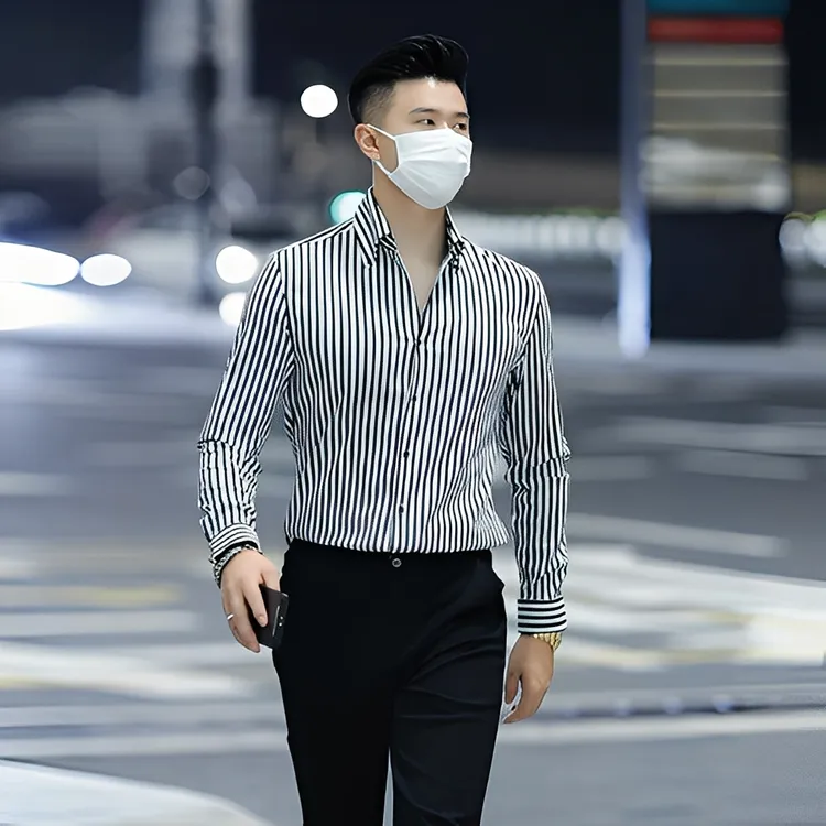 秋季男士竖条纹V领长袖衬衫潮痞帅韩版修身高端商务休闲帅气衬衣
