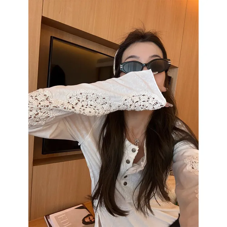 美式复古蕾丝镂空防晒长袖T恤女夏季oversize宽松百搭亨利衫上衣