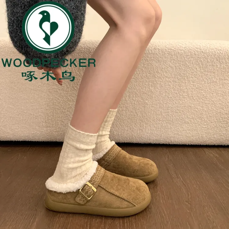 啄木鸟勃肯鞋女2025新款秋冬季包头半拖鞋外穿加绒保暖一脚蹬棉鞋