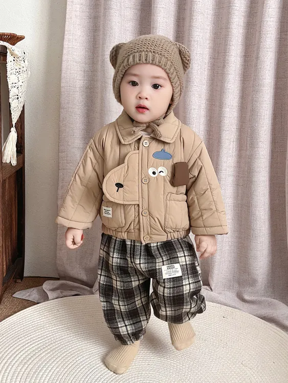 男宝宝秋冬长袖夹棉套装卡通可爱婴幼儿深秋保暖外出洋气两件套潮