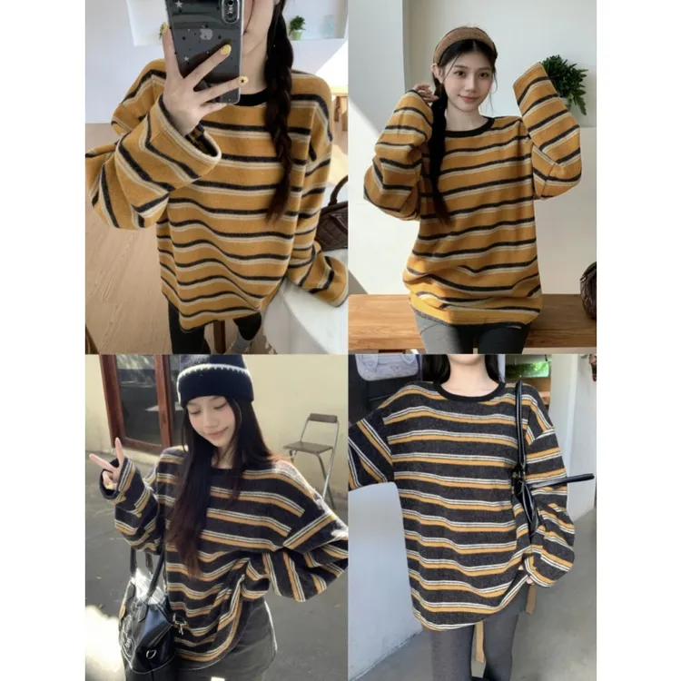 条纹宽松加厚打底衫女秋季新款慵懒风中长款遮屁股保暖内搭上衣