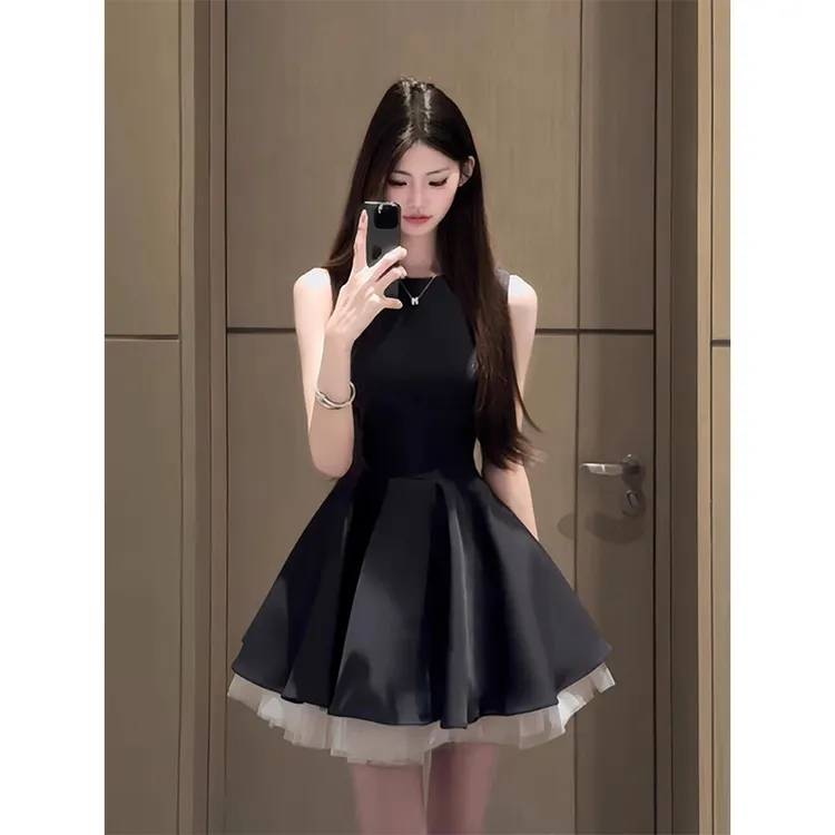 黑色背心白纱边背心连衣裙女夏季爆款2025新款裙子高级感收腰短裙