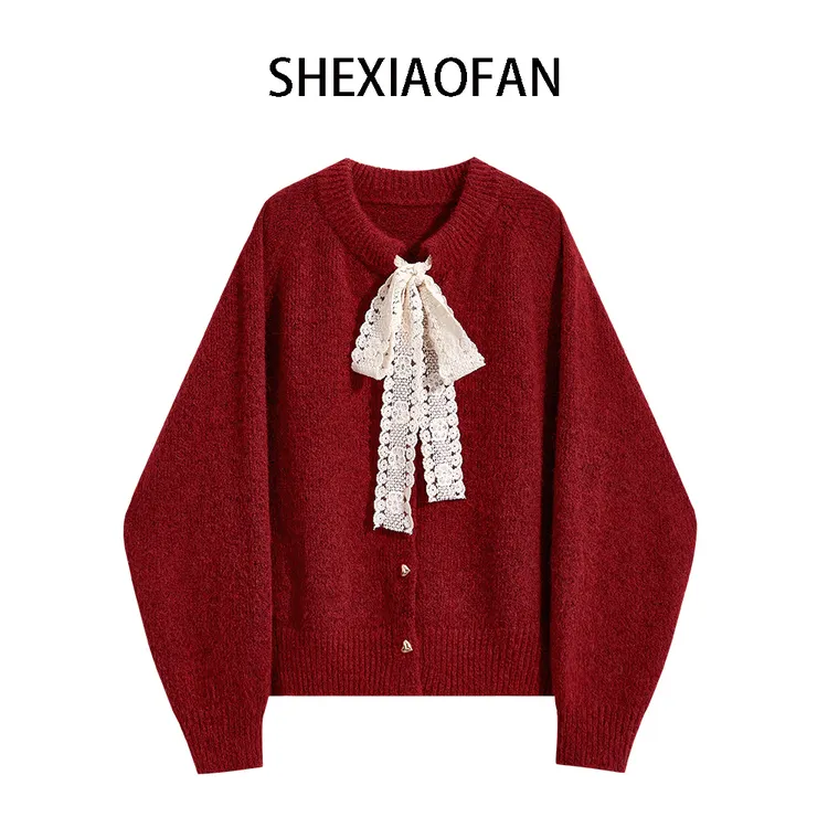 秋季圣诞穿搭慵懒风可外穿百搭红色毛衣蕾丝蝴蝶结系带针织衫上衣