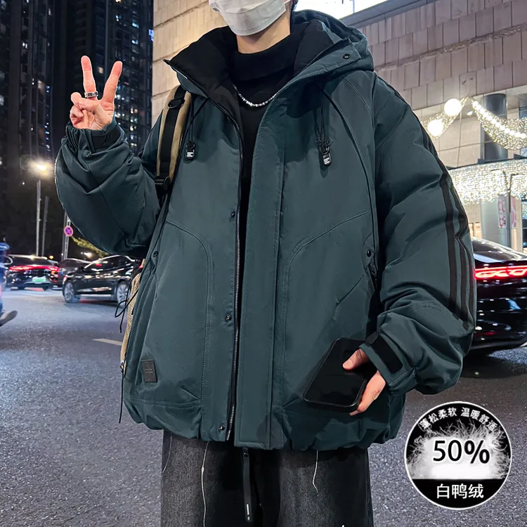 冬季青少年户外极寒工装羽绒服设计感条纹袖防寒保暖白鸭羽绒服