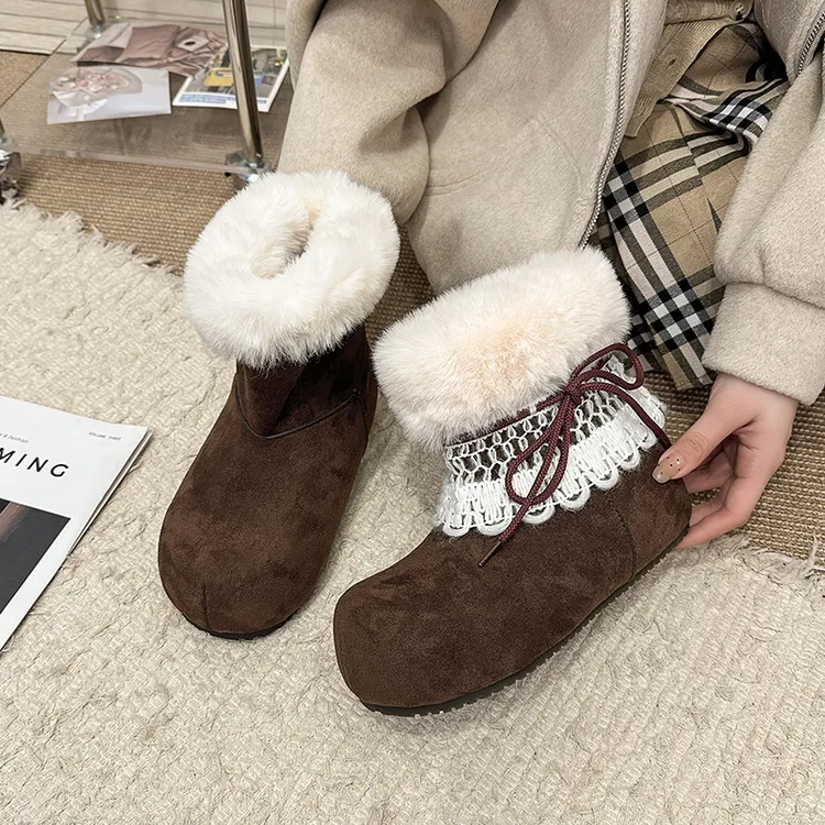 毛茸茸的靴子厚底时尚雪地靴保暖加绒青年中帮磨砂皮百搭