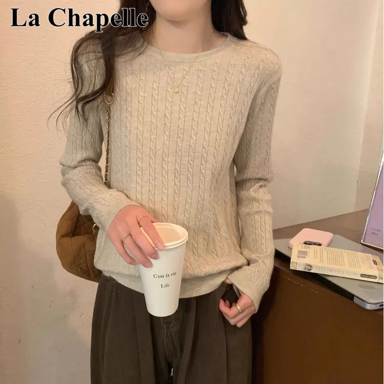 拉夏贝尔设计感圆领麻花长袖针织衫女秋冬新款打底衫宽松内搭上衣