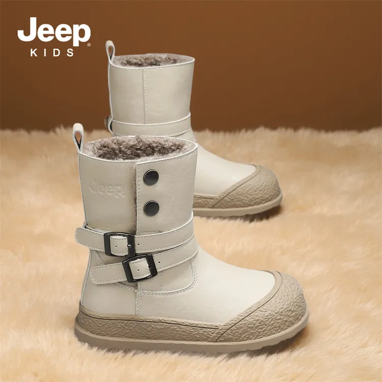 jeep儿童雪地靴女童2025新款冬季防滑户外棉靴皮面防水大棉鞋男童