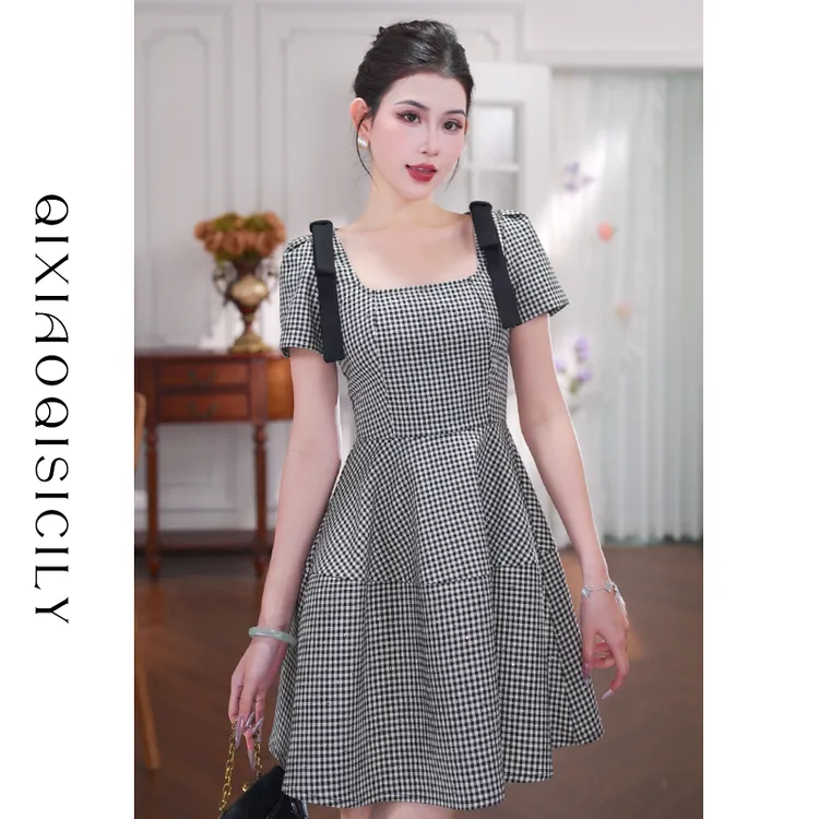 七小七Sicily【格调晚宴】法式高级感方领黑白撞色连衣短裙女春夏季