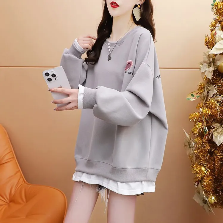 印花中长款刺绣圆领粉色卫衣外套春秋长袖薄款女装
