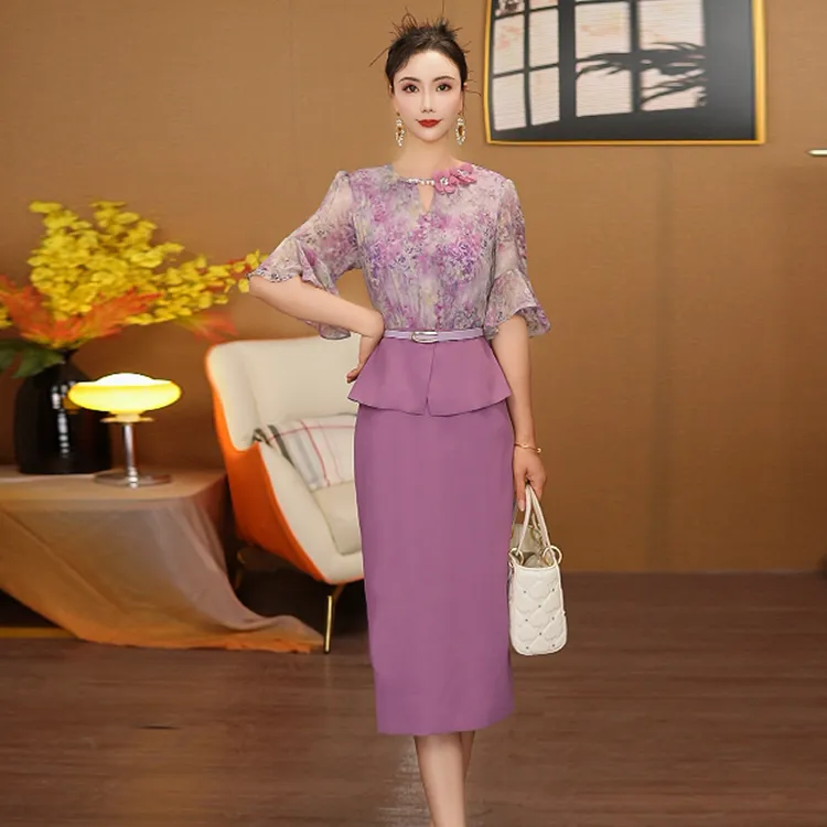 浅紫色碎花连衣裙短袖夏季假两件显瘦修身直筒裙新款8800