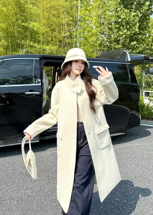 毛呢外套纯色常规袖外套网红呢子中长款气质女装双面加厚毛呢