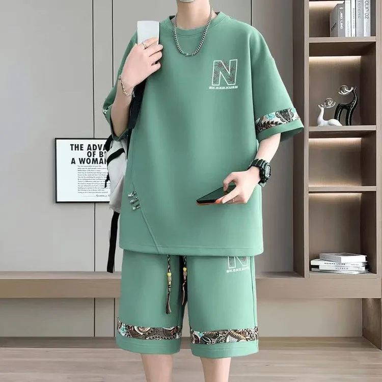 2025夏季新款潮流大码休闲运动套装男士时尚百搭两件套