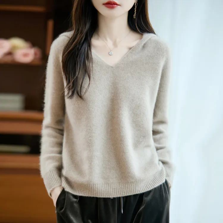 【一线成衣】加厚桂花针100纯羊毛V领连帽衫女宽松百搭针织套头衫