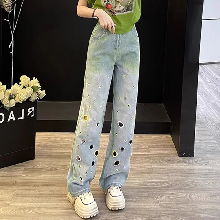 时尚休闲百搭镂空染色直筒牛仔裤女无弹宽松显瘦百搭垂感阔腿裤