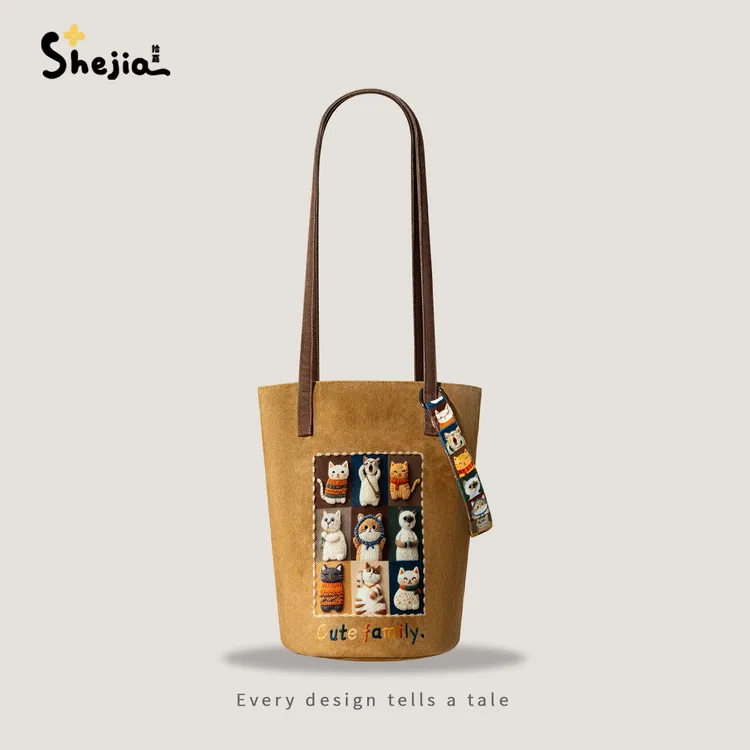 【升级拉链增化妆包】皮纹猫猫家族秋冬原创新款单肩斜挎拉链水桶包