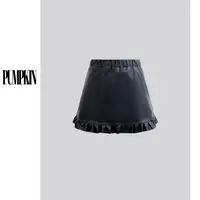 PUMPKIN·大码欧货百搭显瘦木耳边防走光pu半身短裙