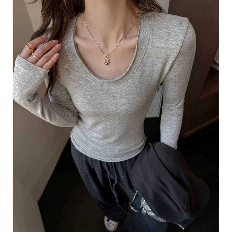 莫代尔纯欲U领设计修身正肩长袖t恤上衣女网红时尚炸街新款女装