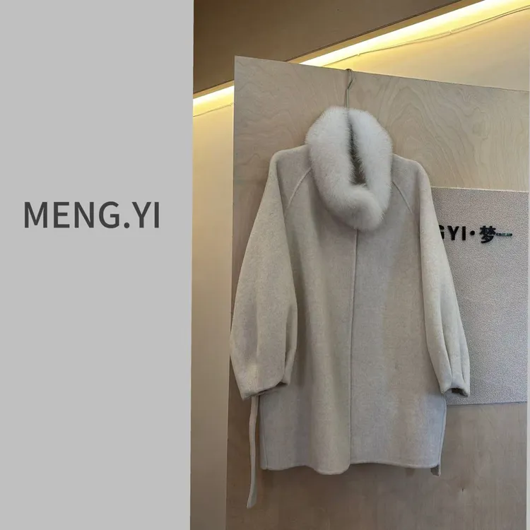 MENG.YI带毛领中长灯笼袖双面羊毛大衣5453