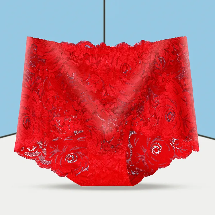 红色高腰女士内裤大码性感镂空蕾丝透气无痕收腹提臀时尚结婚新年