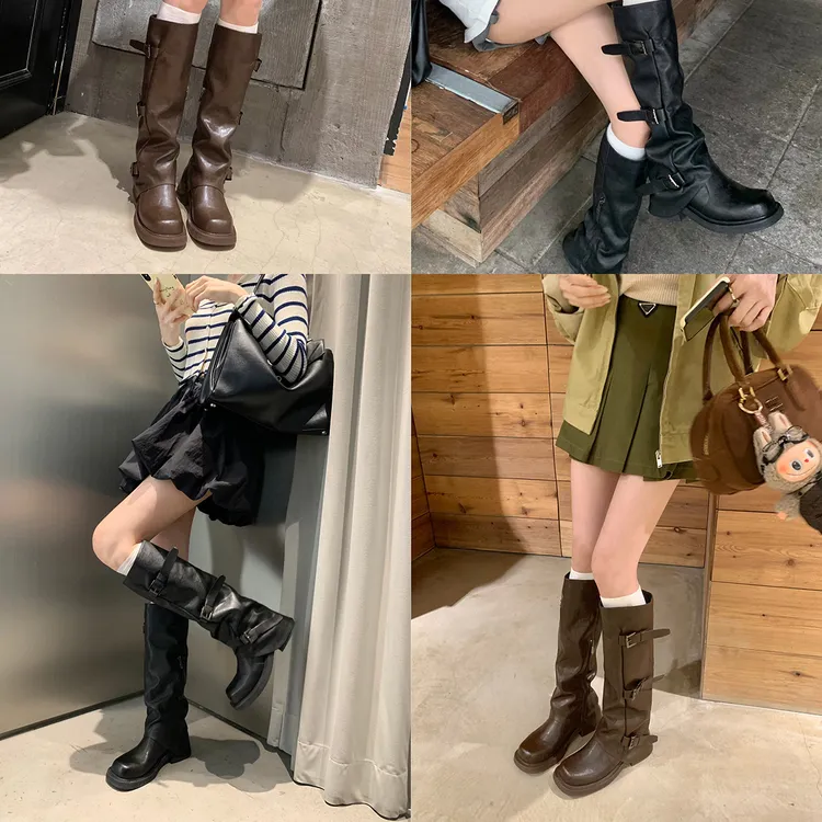 新款百搭休闲厚底葡萄妈同款高底裤管靴女秋季小众皮时装靴长筒靴