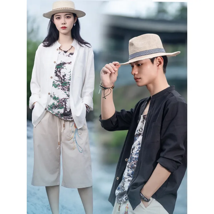 帆笙2025原创亚麻棉长袖衬衣夏季休闲穿搭中国风立领衬衫宽松上衣