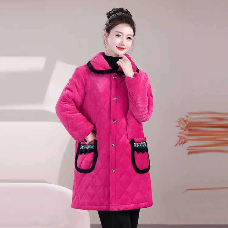 冬装中老年女装大码中长款棉衣加绒加厚休闲外套川贵云省服罩衣